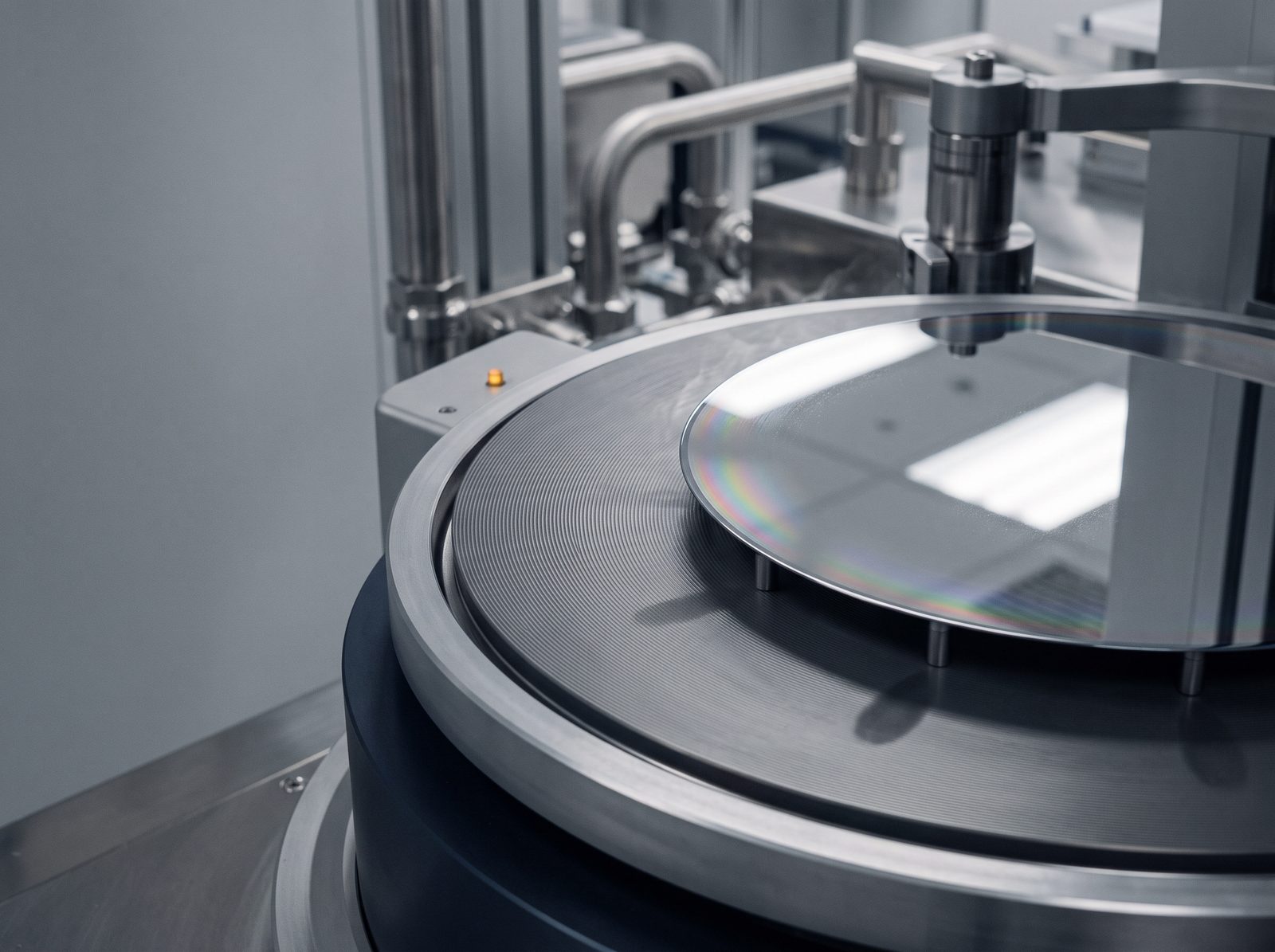 Close-up of a wafer on a hot plate, with surface heat shimmer and a faint halo