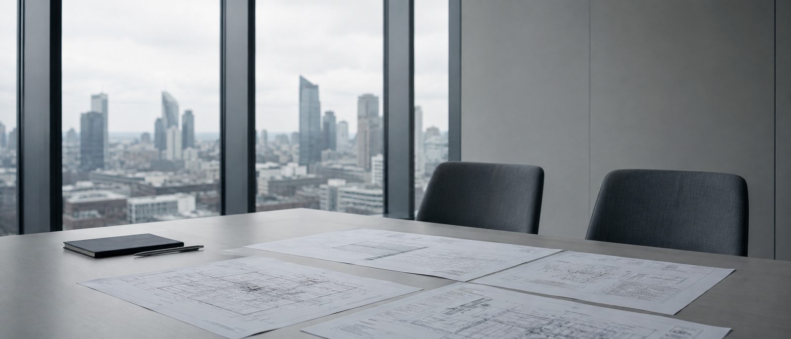 Cool-toned photograph of a meeting in a modern office, equipment specifications open on the table