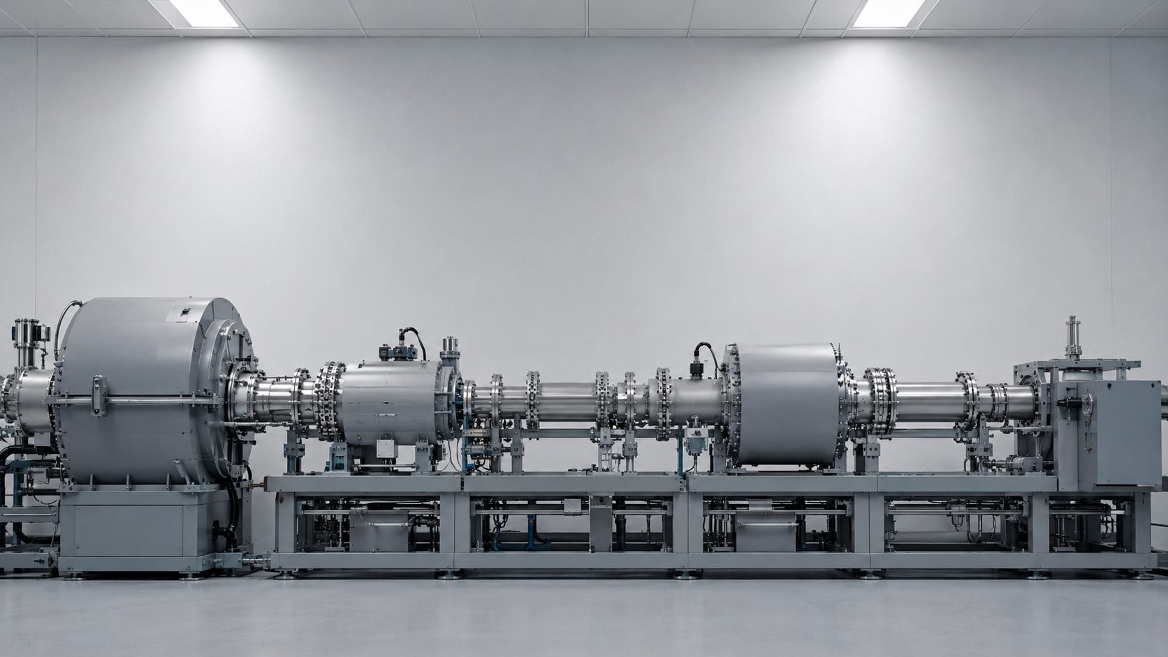 Exterior of the long beamline of an ion implanter, emphasizing the industrial geometry of the piping and magnet sections