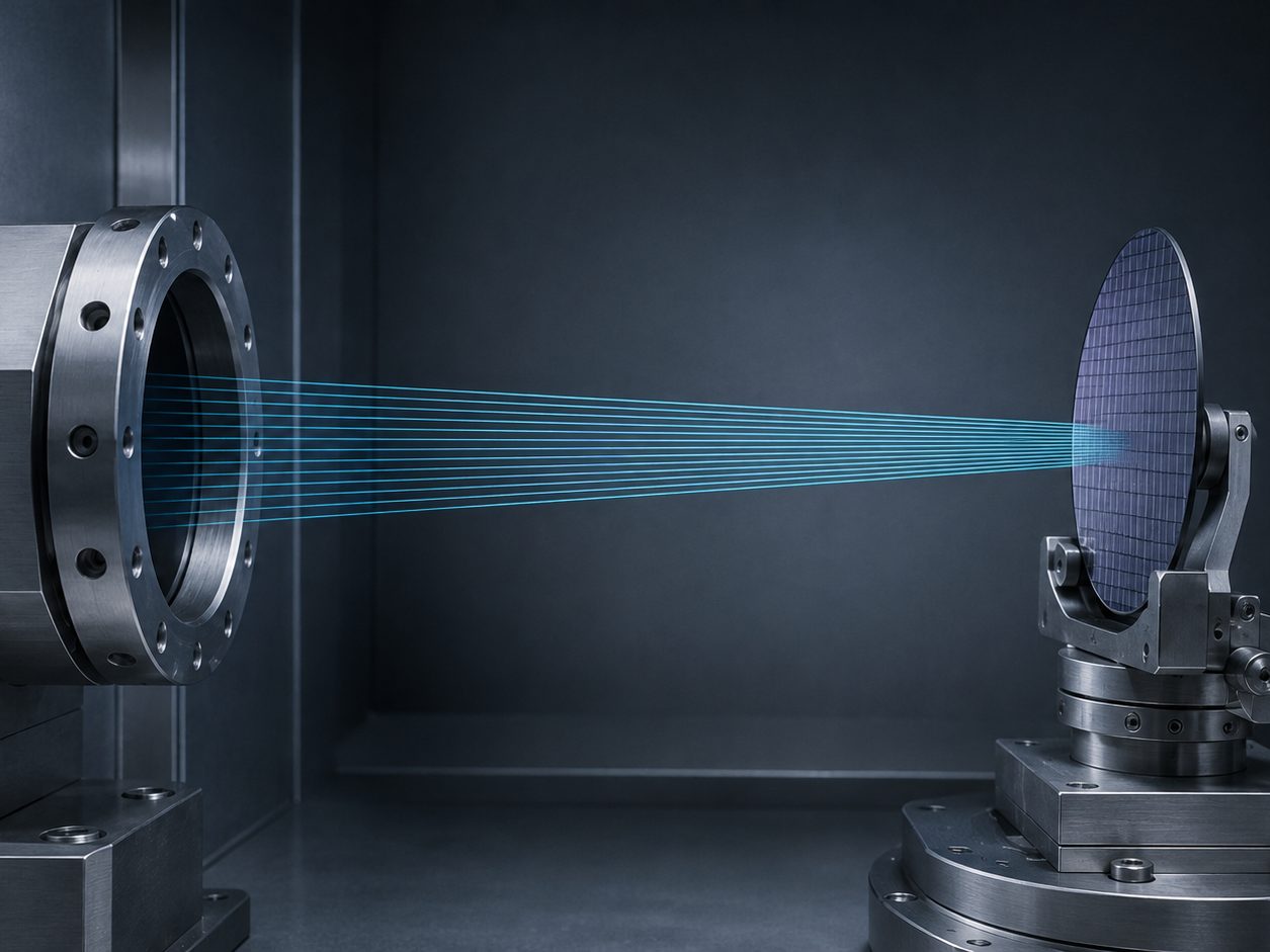 Close-up of the beamline and wafer end station, with the blue ion beam path shown as a visualization
