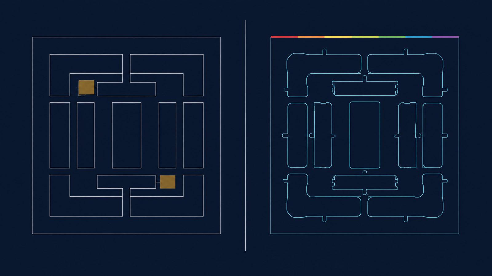 AI ビジュアライゼーション：フォトマスクパターンの ILT 補正前後の比較と、ホットスポット予測の色分け表示